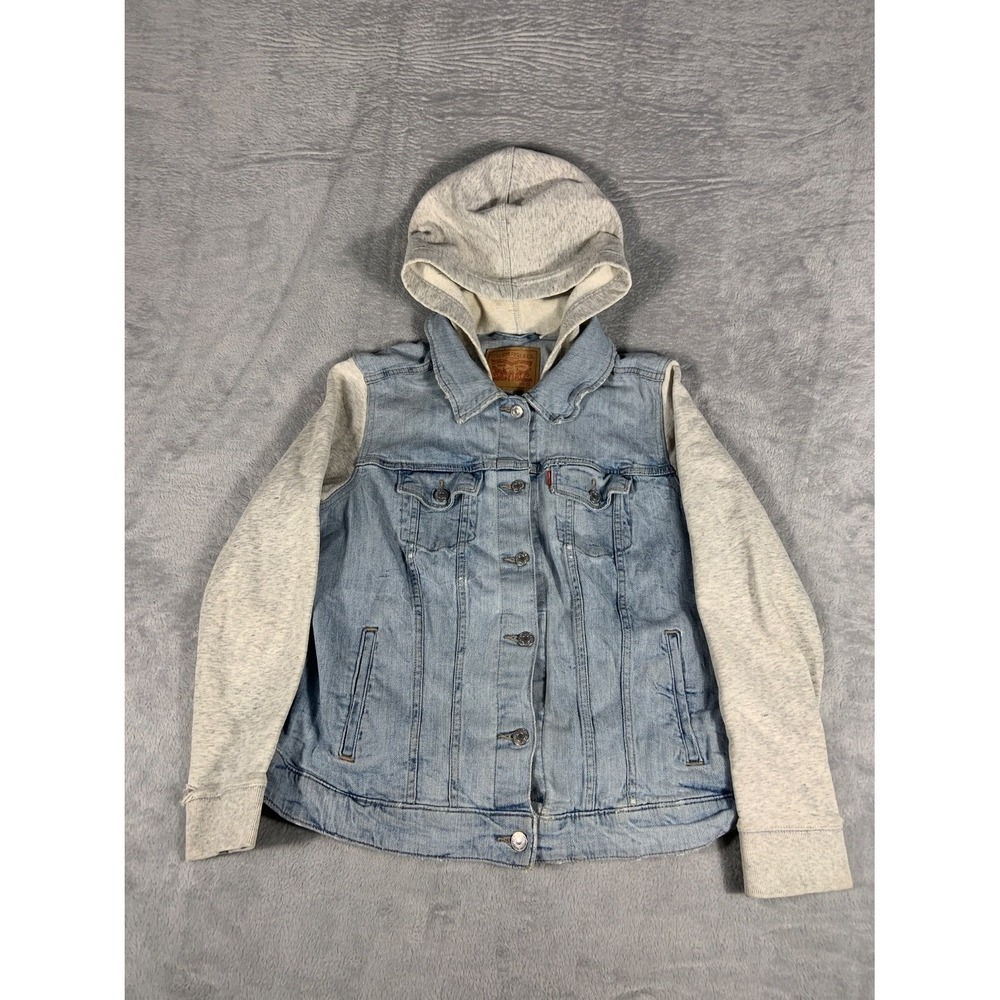 Levi Strauss & Co. Hooded Denim Trucker Jacket Gray Sleeves Mens XL Light Blue